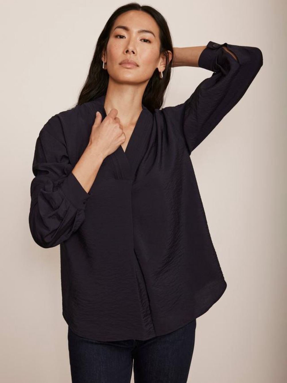 Mint Velvet Black Textured Popover V-Neck Tunic Blouse Shirt Oversized - Size S
